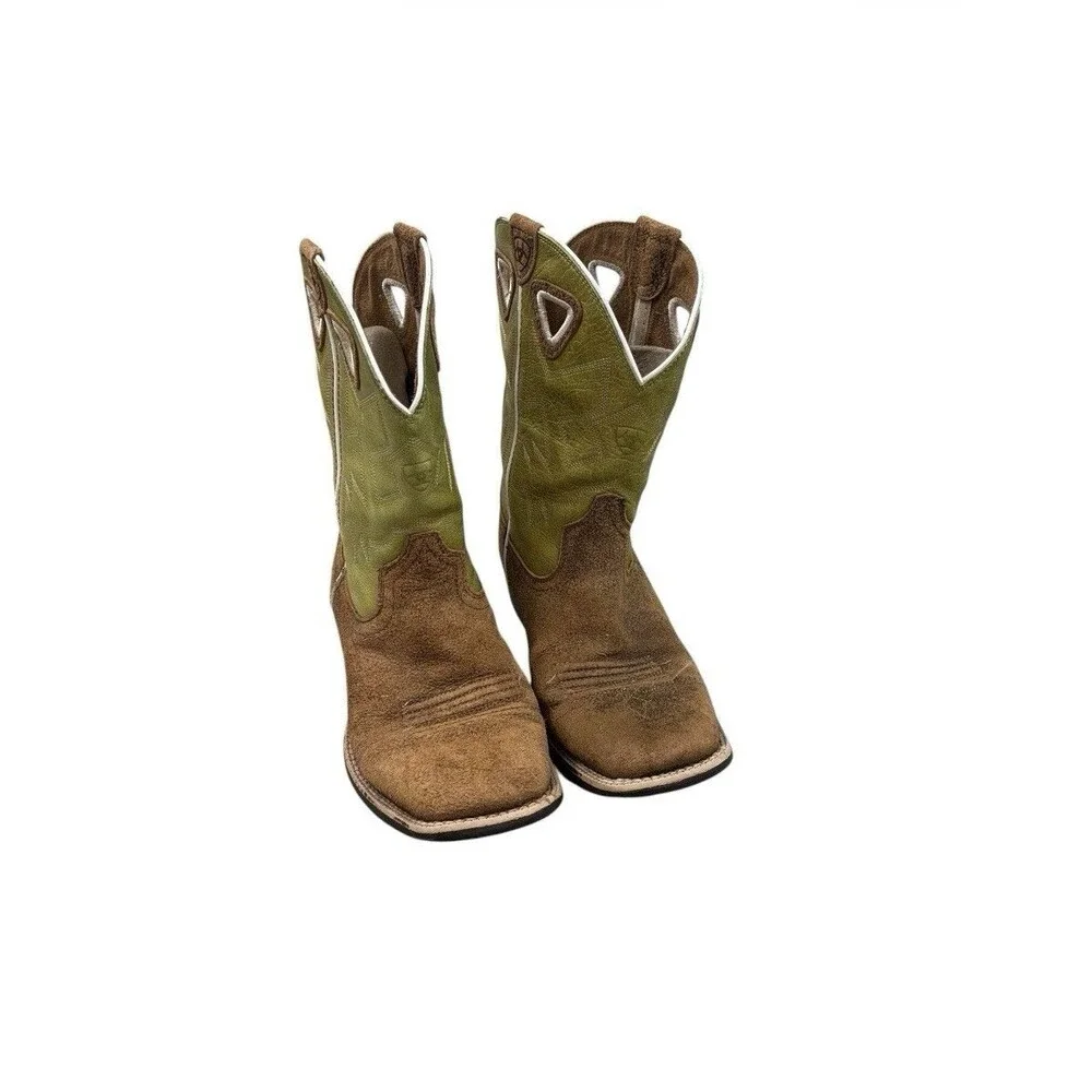 Ariat  Charger Youth Size 4.5 Green Brown Suede Leather Square Toe Western Boots